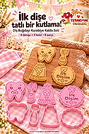 Diş Buğdayı Kurabiye Kalıbı Seti Pembe 4 Figür 8 Parça – İlk Dişim, Diş Hediği Damga ve Kesici