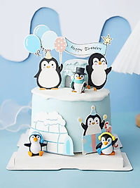 3'lü Penguen Maket Kürdanlı Cupcake Pasta Süsü Doğum Günü Süsleri Kürdan Süsü
