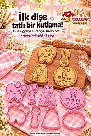 Diş Buğdayı Kurabiye Kalıbı Seti Kız Bebek Pembe 4 Figür 8 Parça – Fiyonklu Diş, İlk Dişim Damga ve Kesici