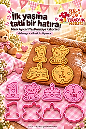 1 Yaş Kurabiye Kalıbı Seti Kız Bebek Pembe 4 Figür 8 Parça – Fiyonklu Ayıcık Rakam 1 Pasta Damga ve Kesici