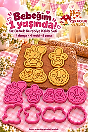 1 Yaş Balonlu Kız Bebek Kurabiye Kalıbı Seti Pembe 4 Figür 8 Parça Fiyonklu Balonlu Bebek Emzik Patik Damga ve Kesici