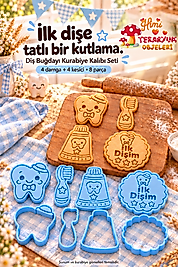 Diş Buğdayı Kurabiye Kalıbı Seti Erkek Bebek Mavi 4 Figür 8 Parça – Şapkalı Papyonlu Diş, İlk Dişim Damga ve Kesici