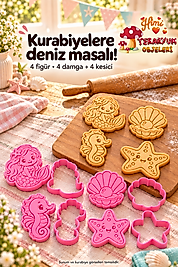 Deniz Kızı Kurabiye Kalıbı Seti 4 Figür 8 Parça – Denizatı Denizyıldızı İnci Kabuğu Damga ve Kesici, Doğum Günü