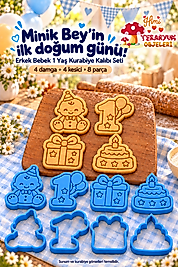 1 Yaş Erkek Bebek Kurabiye Kalıbı Seti Mavi 4 Figür 8 Parça Papyonlu Bebek Balonlu Rakam 1 Hediye Pasta Damga Kesici