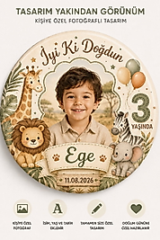 Kişiye Özel Fotoğraflı Doğum Günü Rozet, Anahtarlık ve Açacaklı Magnet - Safari Temalı