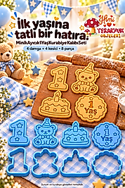 1 Yaş Kurabiye Kalıbı Seti Erkek Bebek Mavi 4 Figür 8 Parça – Ayıcık Rakam 1 Pasta Damga ve Kesici